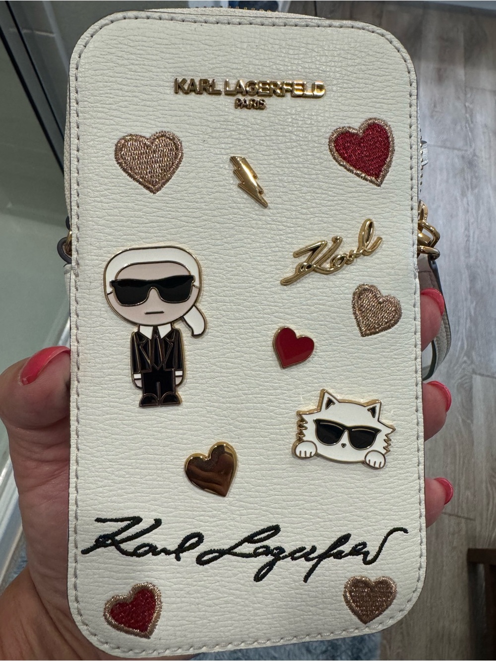 Karl Lagerfeld White Embellished Phone Crossbody with Red and Gold Accents